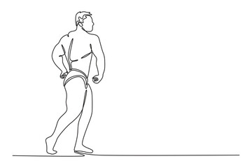 Single one line drawing professional bodybuilder male topless performing quarter turn pose. Bulked up sportsman demonstrating body musculature. Continuous line draw design graphic vector illustration