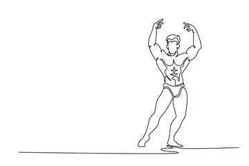 Single one line drawing athletic man posing perfect physique at fitness gym. Strong bodybuilder flexing muscles. Sports, strength, motivation. Continuous line draw design graphic vector illustration
