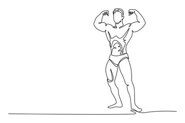 Single one line drawing professional male athlete in front double biceps pose in stage. Strong bodybuilder with arms up clenching fists. Modern continuous line draw design graphic vector illustration