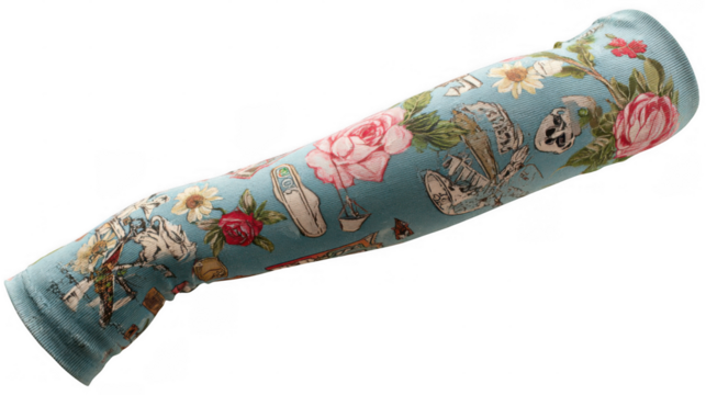 Light blue sleeve featuring various retro tattoo motifs like roses, skulls, sailing ships, and vintage travel elements on a transparent background for versatile use