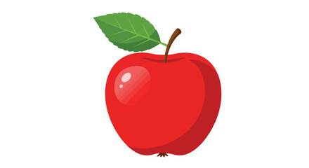 Vibrant red apple with a green leaf and stem isolated on white background, a simple and clean illustration