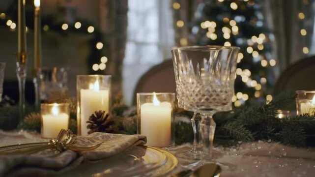 Christmas table setting with stylish plates, glasses and burning candles in a festively decorated room