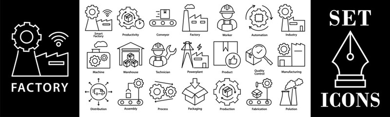 Clean and modern factory and industrial line icons set featuring outline style illustrations of factory buildings, automation processes, production lines, warehouse logistics etc.