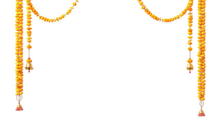 Traditional indian marigold flower garlands hanging with decorative bells used for festive decoration