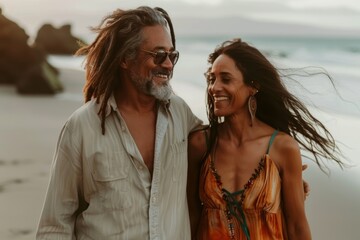 Portrait of a satisfied mixed race couple in their 40s walking on beach