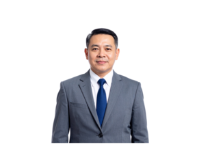 Smiling Asian Businessman in a Gray Suit and Blue Tie Portrait