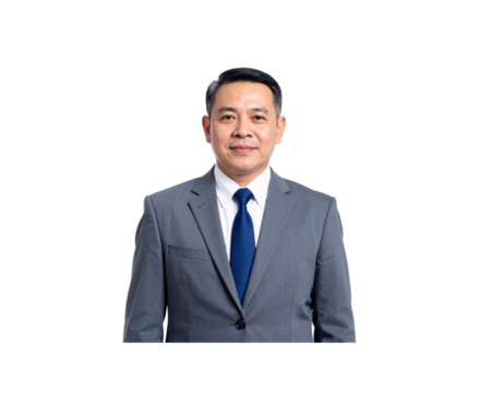 Smiling Asian Businessman in a Gray Suit and Blue Tie Portrait - Powered by Adobe