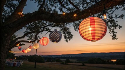 Decorative paper lanterns and string lights hanging from a tree during a beautiful sunset.