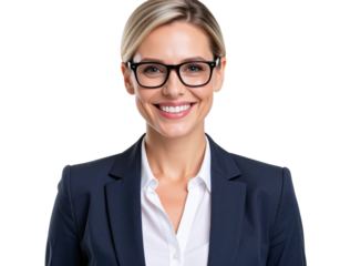 Smiling blonde businesswoman with glasses and navy blazer headshot
