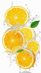 Juicy citrus fruits cut, drops of water.