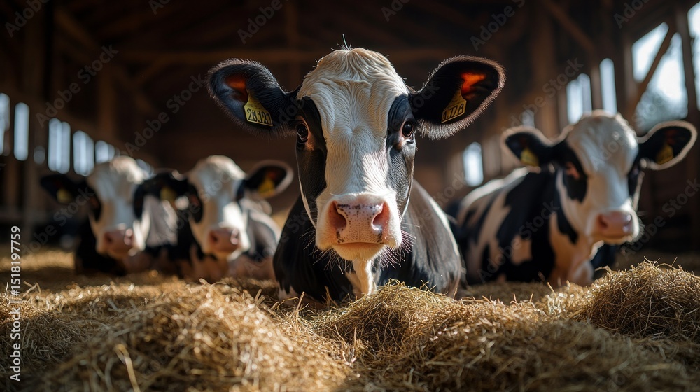 Poster cows lie comfortably on straw inside a spacious barn at a farm. the warm afternoon sunlight filters 