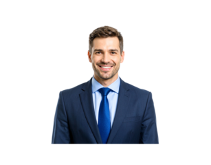 Smiling businessman in a blue suit and tie looking directly at the camera (2)