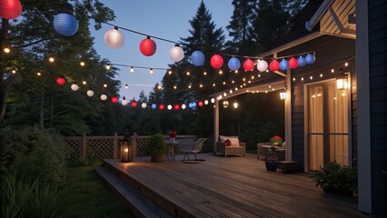 Outdoor patio at dusk, beautifully decorated with lights and patriotic paper lanterns.