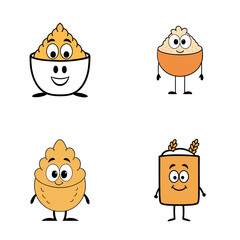 Cartoon food characters featuring rice bowl and grain container with happy faces and stick figure limbs
