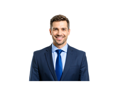 Smiling businessman in a blue suit and tie looking directly at the camera (2)