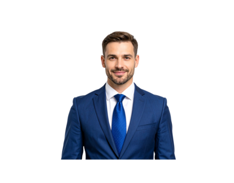 Smiling businessman in a blue suit and tie looking directly at the camera