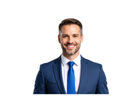 Smiling businessman in a blue suit and tie looking directly at the camera (1)