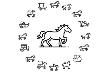 Vintage cartoon animal vector illustration set for the year of the horse 2014 featuring a horse silhouette and other farm mammals