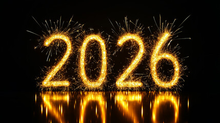 2026 written with a sparkler on a black background, New Year's concept