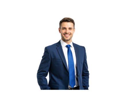 Smiling Businessman in a Navy Blue Suit with Bright Blue Tie