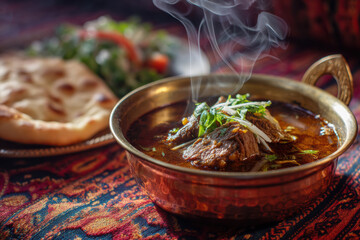 Side View of Steaming Nihari in Brass Bowl with Naan on Eid Table