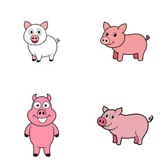 Obraz premium Four cartoon pigs in different styles and poses, two pink and one white, on a white background