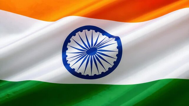 National flag of india rippling, displaying vibrant saffron, white stripe with blue ashoka chakra.