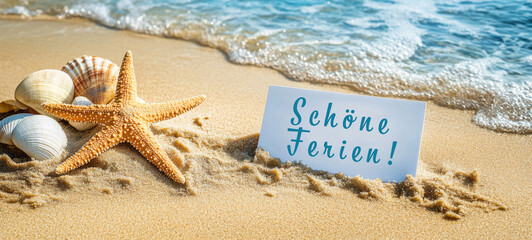 Urlaub Sommerurlaub Sommer, Reise Tourismus Konzept Hintergrund Karte - Schöne Ferien! Schild im Sand mit Schriftzug Text und Muscheln