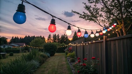 A backyard scene illuminated by colorful string lights during a beautiful sunset in the evening.