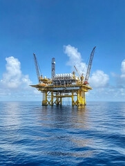 An offshore oil rig with yellow structures stands in the vast blue ocean under a partly cloudy sky, dominating the seascape.