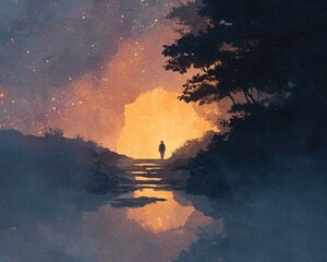 radiant soul journey art concept Serene Pathway Through a Mystical Landscape at Twilight spiritual transformation glowing path abstract soul light illustration