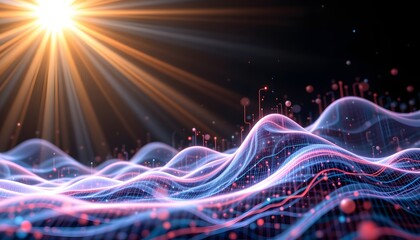 abstract background of a vibrant, subtly shifting graph emerges from a wavy grid, blurred lines dancing across a black canvas evoking analytical power, technology concept art