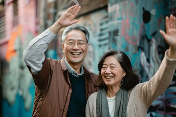 Portrait of a cheerful asian couple in their 40s giving high five