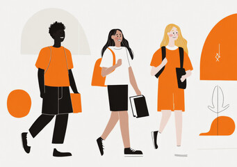 Obraz premium Three college students walking with books and smiles, education concept