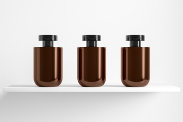 flat flip cap cosmetic bottle mockup, amber glass water bottle packaging, modern liquid skincare packaging, personal care product in cylindrical container, black plastic flip top cap squeeze bottle © Salihah.K