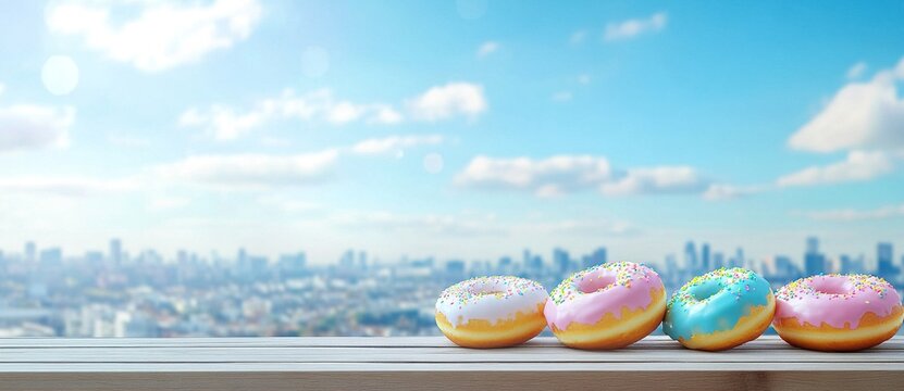 Colorful doughnuts with pastel glaze and sprinkles on a wooden table against a cityscape view, mockup design template. Concept of sweet food and confectionery product presentation.