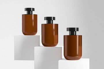 Fototapeta premium flat flip cap cosmetic bottle mockup, amber glass water bottle packaging, modern liquid skincare packaging, personal care product in cylindrical container, black plastic flip top cap squeeze bottle