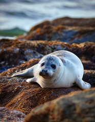 baby seal lying on a rocky shore