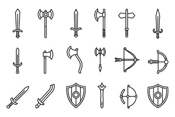 Fototapeta premium A vintage vector illustration set of construction tools, including hammers, wrenches, and screwdrivers, alongside a collection of sword and shield silhouettes