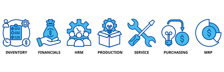 ERP icon set illustration contain inventory, financials, hrm, production, service, purchasing and mrp.