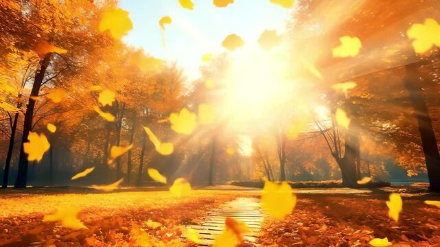 Golden autumn forest with falling leaves and sun rays in a serene park. Peaceful nature and fall season concept. 4K video animation.