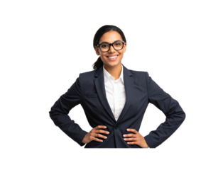 Smiling Businesswoman in Dark Suit and Glasses with Hands on Hips