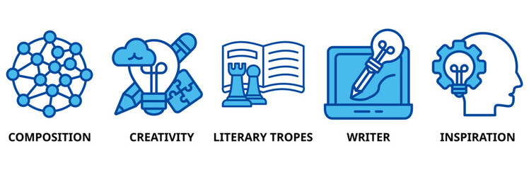 Creative writing icon set illustration contain composition, creativity, literary tropes, writer and inspiration.