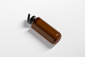 amber glass cosmetic bottle mockup, liquid skincare and cosmetic packaging, flat flip cap cylindrica water bottle packaging, personal care product tube packaging, black flip top cap squeeze bottle