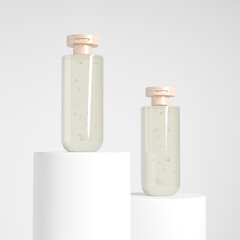 translucent cosmetic plastic bottle with flipcap mockup, modern liquid skincare and cosmetic container, round shape lotion sqeeze bottle with wooden flat flip cap, personal care product packaging