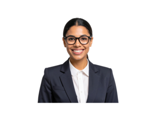 Smiling businesswoman with glasses and dark suit confident and professional (1)