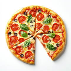 Delicious cheesy Italian pizza with pepperoni and basil
