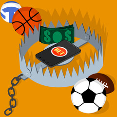 Sports betting trap with smartphone, money, and sports balls