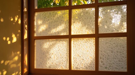 Warm sunlight streams through a patterned window.