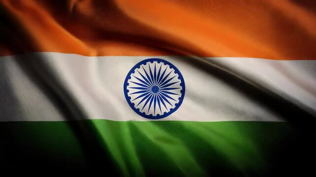 Indian flag billowing, displaying saffron, white, green stripes and central navy blue ashoka chakra.